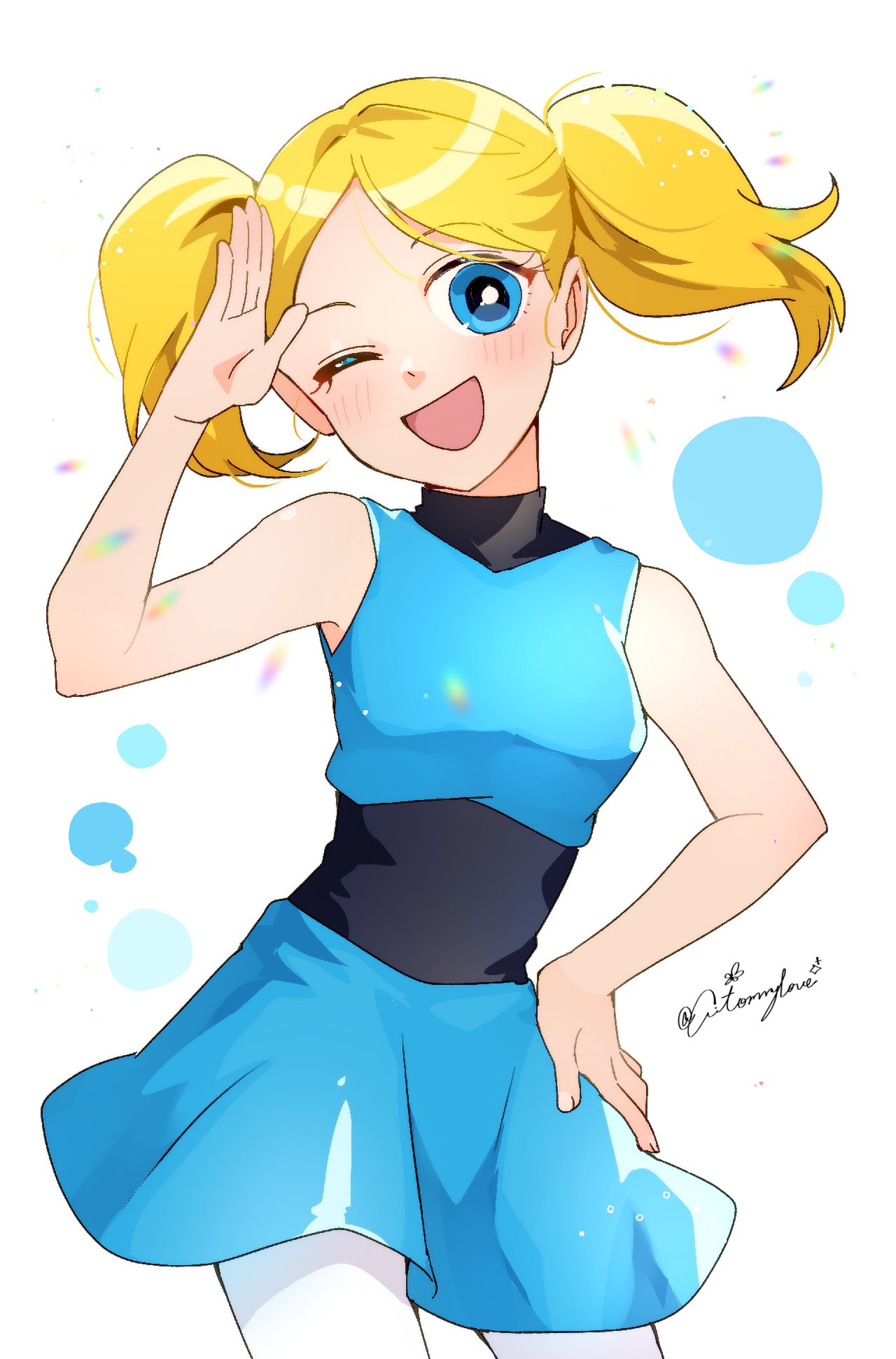1girl, aitommylove, arm_up, blonde_hair, blue_dress, blue_eyes, blush, breasts, bubbles_(ppg), dress, goutokuji_miyako, hand_up, highres, medium_breasts, one_eye_closed, open_mouth, powerpuff_girls, powerpuff_girls_z, rolling_bubbles, solo, twintails