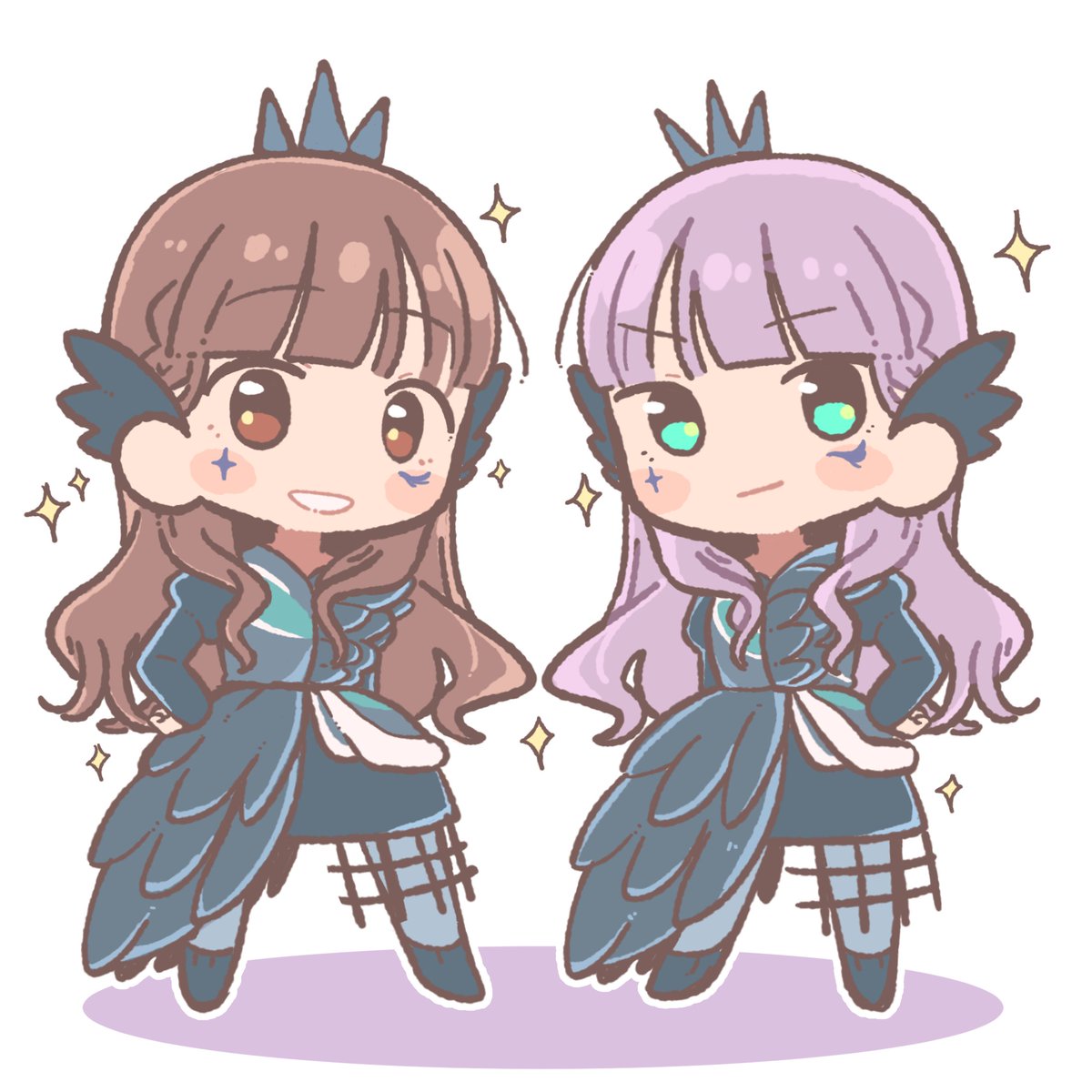 2girls, :d, bad_id, bad_twitter_id, blue_dress, blue_footwear, blunt_bangs, blush, brown_eyes, brown_hair, chibi, closed_mouth, commentary, crossover, crown, dress, facial_mark, feathers, full_body, garubegaru, green_eyes, hand_on_own_hip, highres, idol_clothes, inactive_account, long_hair, long_sleeves, looking_at_viewer, love_live!, love_live!_superstar!!, multiple_girls, open_mouth, purple_hair, real_life, shoes, smile, sparkle, standing, symbol-only_commentary, symmetrical_pose, voice_actor, wavy_hair, white_background, wien_margarete, wing_hair_ornament, yuina_(voice_actor)