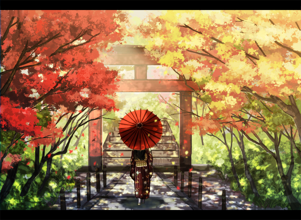 amemura, autumn, bush, bushes, from_behind, japanese_clothes, kimono, leaf