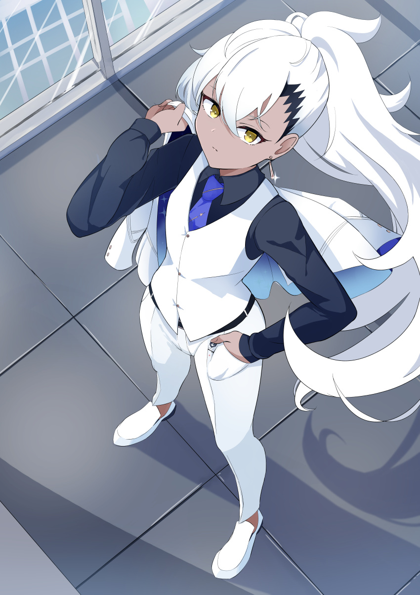1girl, absurdres, black_shirt, blue_archive, blue_necktie, coat, dark-skinned_female, dark_skin