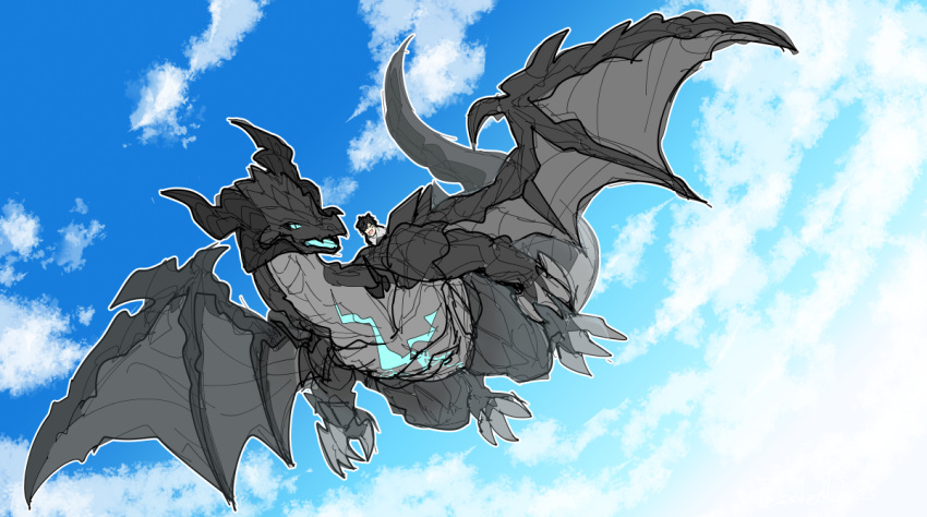 1boy, aqua_eyes, black_hair, black_horns, clouds, cloudy_sky, dragon_horns, dragon_tail