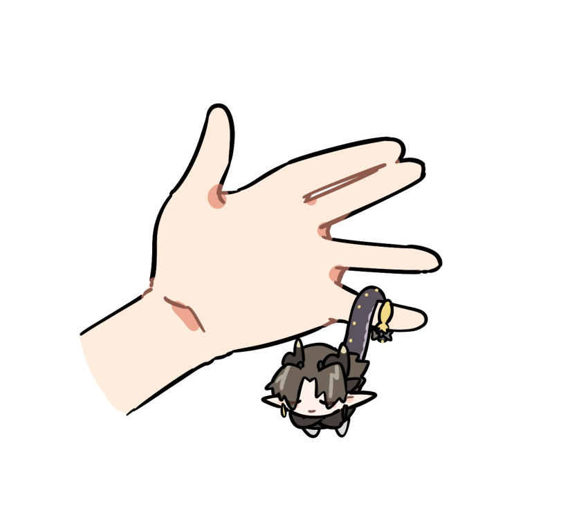1boy, arknights, brown_hair, chibi, chong_yue_(arknights), closed_eyes, coat, commentary_request, crossed_arms, disembodied_hand, dragon_boy, dragon_horns, dragon_tail, full_body, hanging, highres, horns, knaquane, male_focus, mini_person, miniboy, pointy_ears, simple_background, solo_focus, tail, tail_wrap, white_background