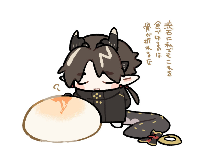 1boy, arknights, baozi, black_coat, brown_hair, chibi, chong_yue_(arknights), closed_eyes