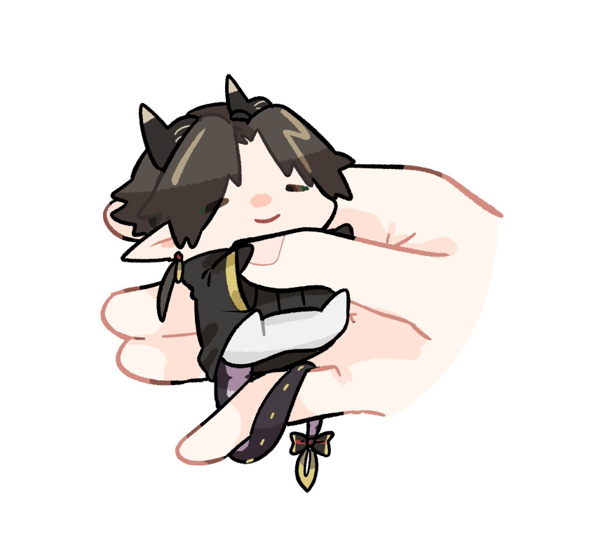 1boy, arknights, black_coat, brown_hair, chibi, chong_yue_(arknights), closed_eyes, coat