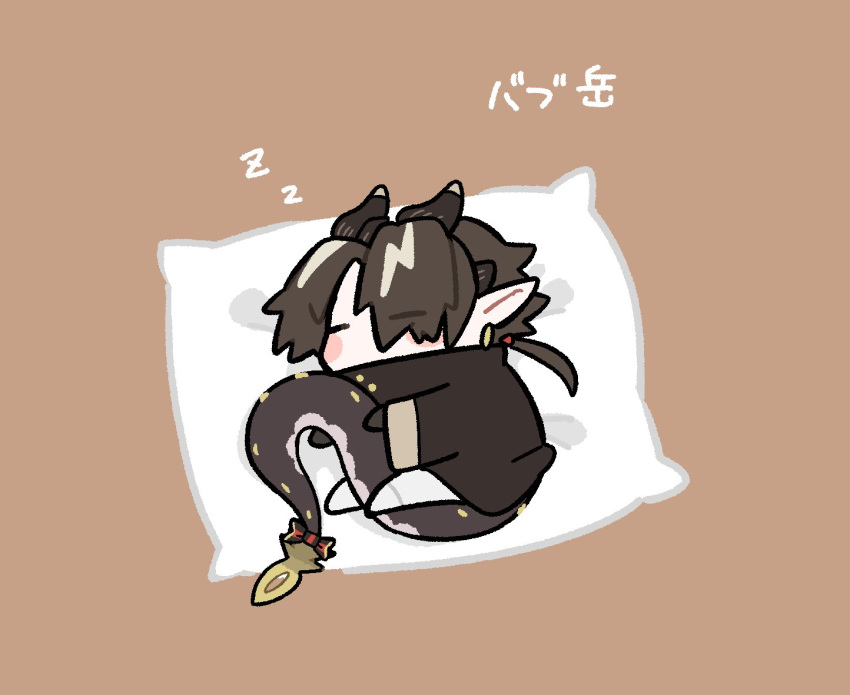 1boy, arknights, brown_background, brown_hair, chibi, chong_yue_(arknights), closed_eyes, coat
