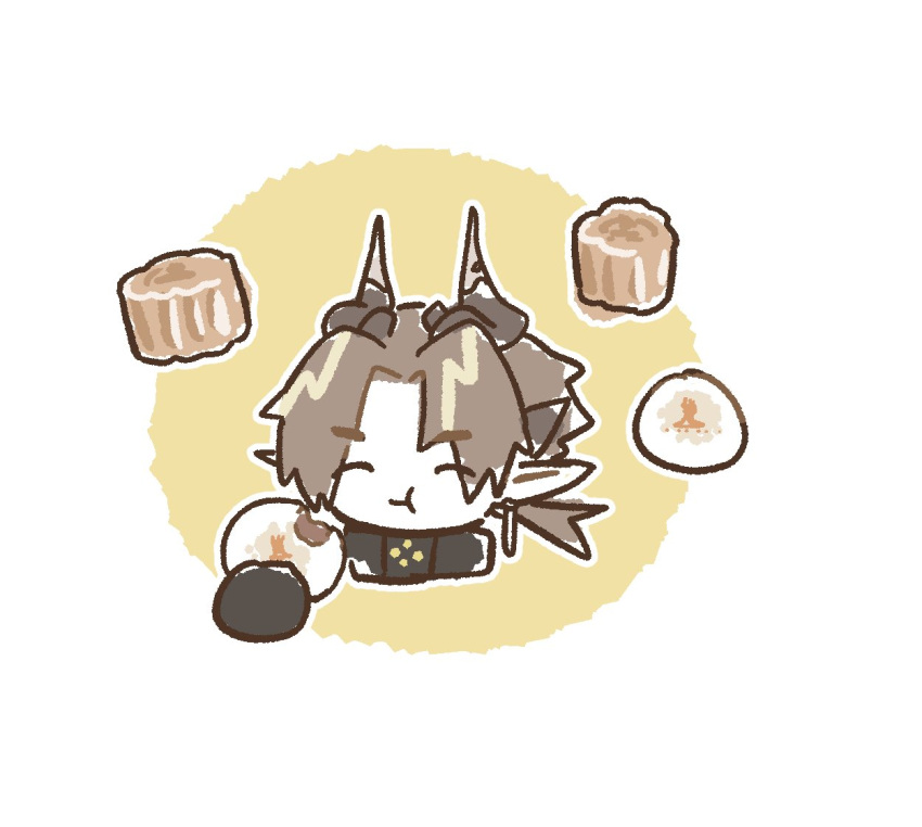 1boy, :t, arknights, baozi, brown_hair, chibi, chong_yue_(arknights), closed_eyes
