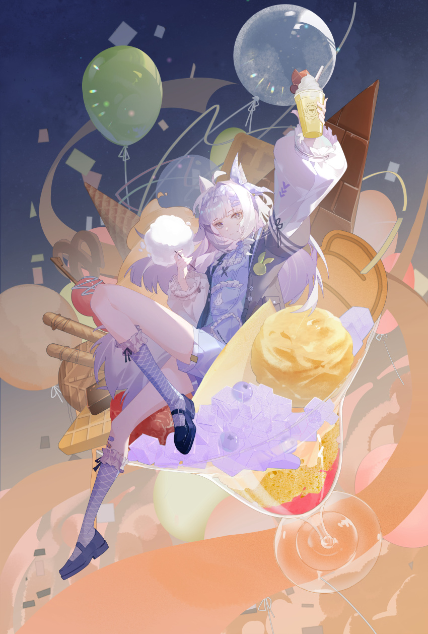 1girl, absurdres, ahoge, animal_ears, balloon, black_jacket, bow, commentary_request