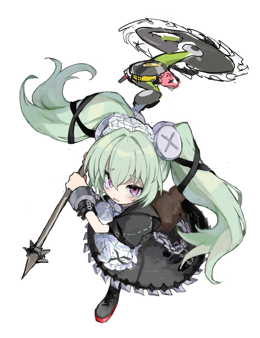 1girl, black_dress, black_footwear, black_ribbon, boots, circular_saw, corin_wickes, dress, green_hair, hair_ribbon, highres, holding, holding_weapon, long_hair, looking_at_viewer, maid, maid_headdress, open_mouth, puffy_short_sleeves, puffy_sleeves, reitoubeef, ribbon, saw, screw_hair_ornament, short_sleeves, simple_background, solo, twintails, very_long_hair, violet_eyes, weapon, white_background, zenless_zone_zero