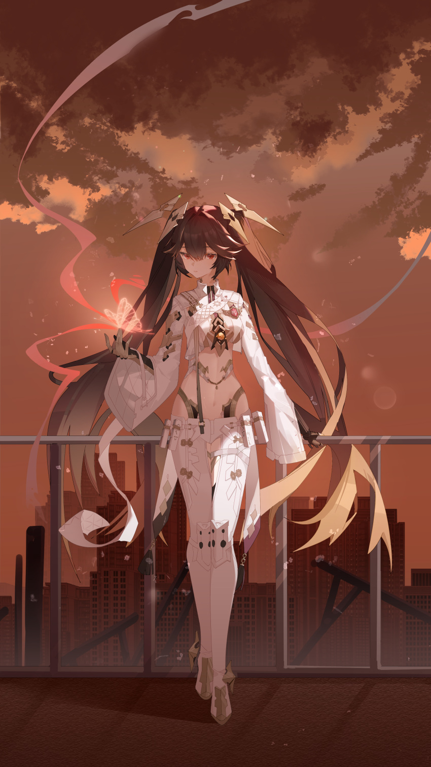 1girl, absurdres, brown_hair, bug, butterfly, chinese_commentary, clothing_cutout, commentary_request