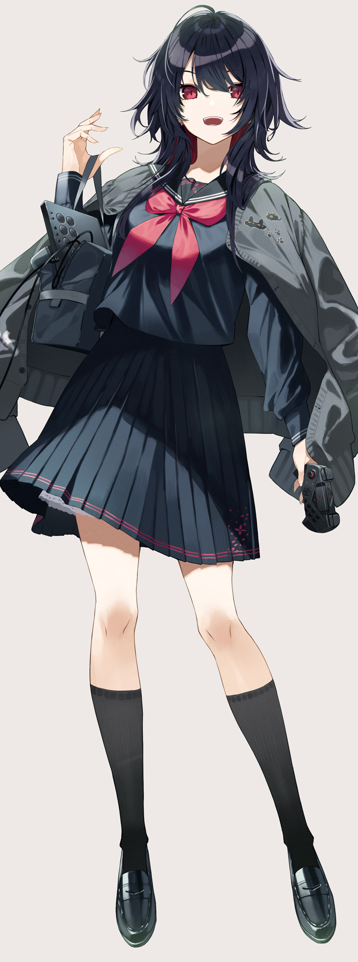 1girl, arcade_stick, bag, black_hair, black_sailor_collar, black_serafuku, controller, earrings