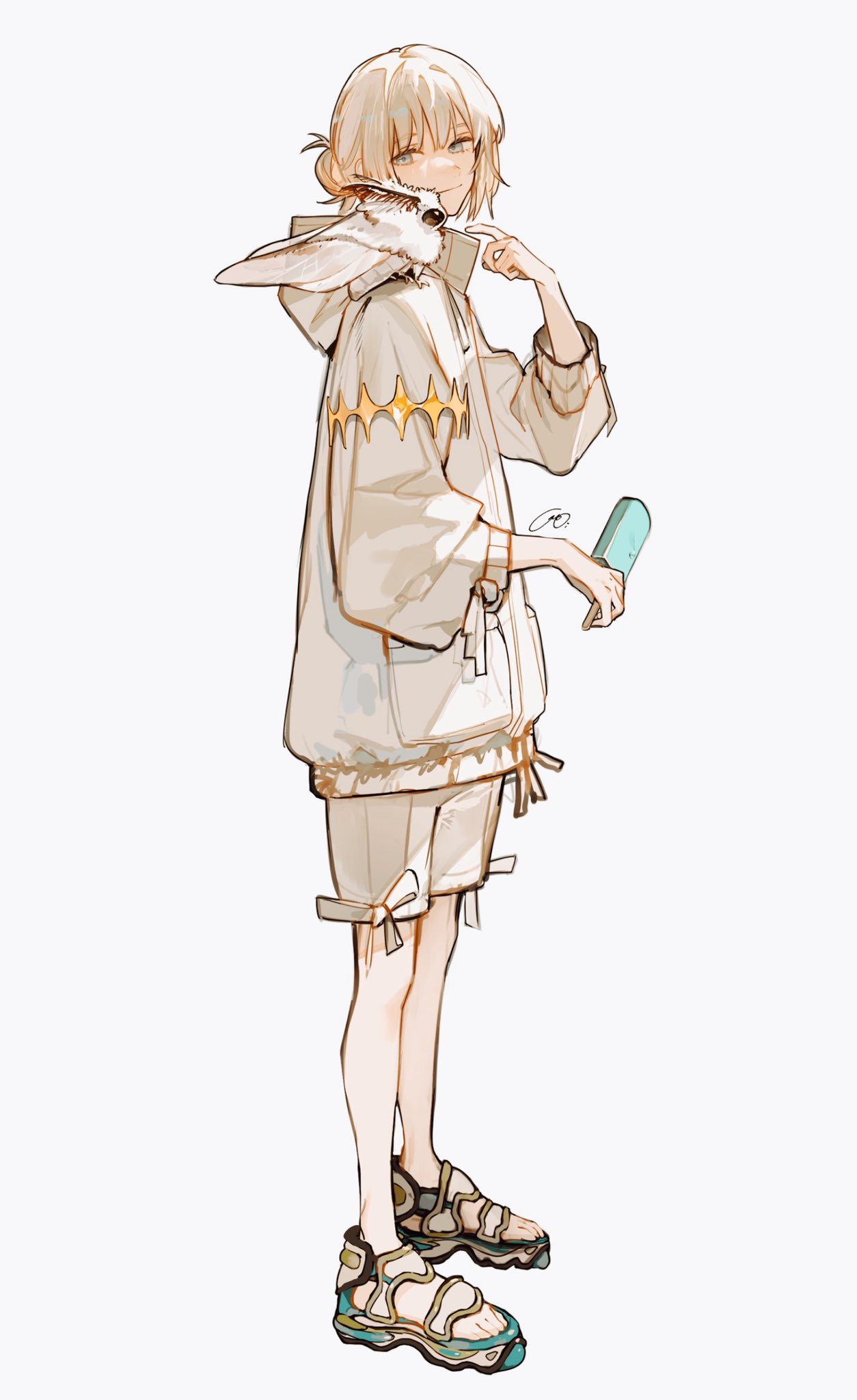1boy, baggy_clothes, blanca_(fate), blue_eyes, bug, closed_mouth, commentary_request, fate/grand_order, fate_(series), food, full_body, hair_bun, highres, holding, holding_food, holding_popsicle, hood, hood_down, hooded_jacket, insect_on_shoulder, jacket, long_sleeves, male_focus, moth, oberon_(fate), oberon_(refreshing_summer_prince)_(fate), oversized_insect, platform_footwear, popsicle, sandals, short_hair, shorts, simple_background, single_hair_bun, smile, solo, standing, toeless_footwear, two_pokemon, white_background, white_hair, white_jacket, white_shorts