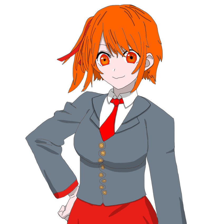 1girl, chronicle_of_myers, highres, jo_shin_ogi, orange_eyes, orange_hair, original, red_skirt, school_uniform, side_ponytail, skirt, smile, stellus_keirich, transparent_background