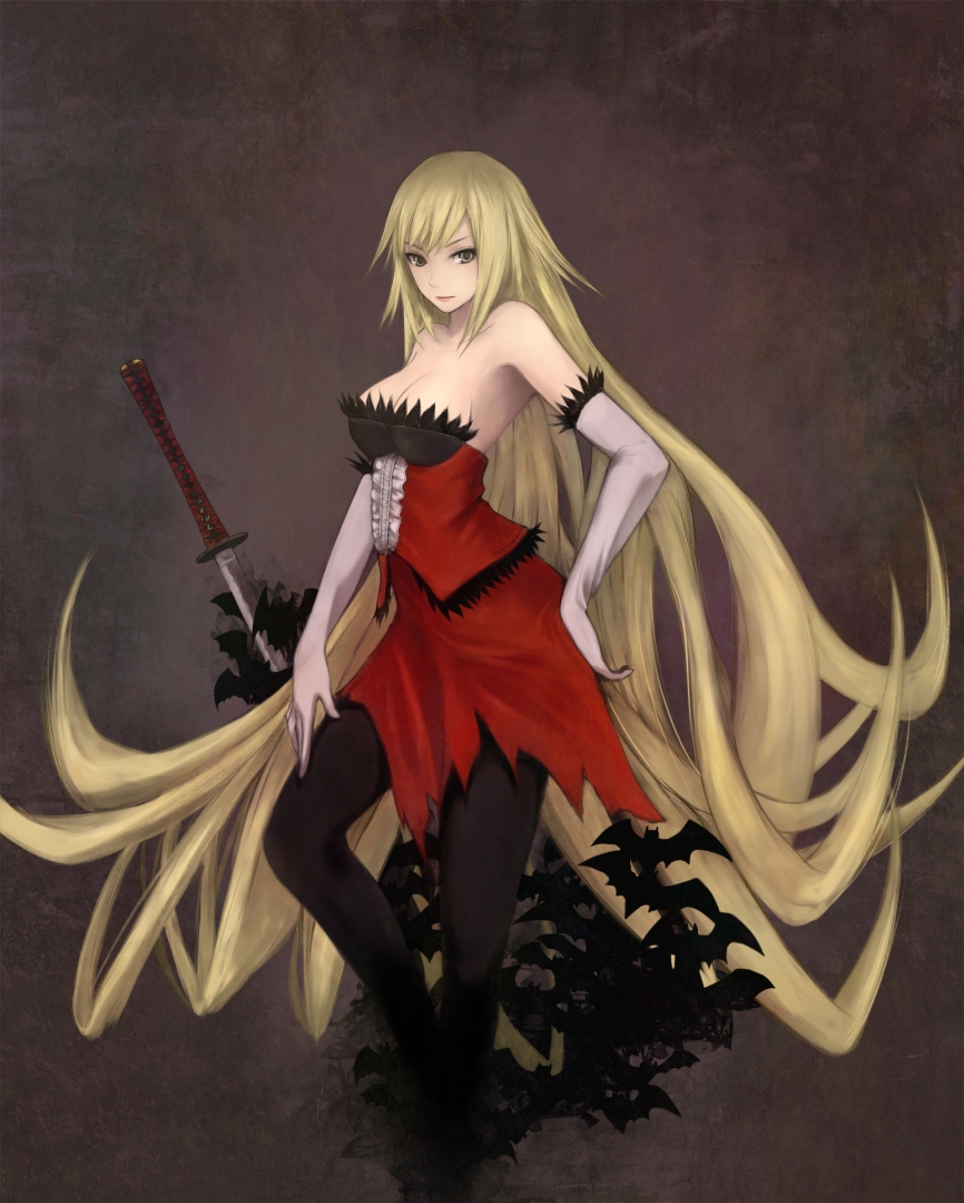 bare_shoulders, bat, black_legwear, blonde_hair, breasts, cleavage, dress, elbow_gloves