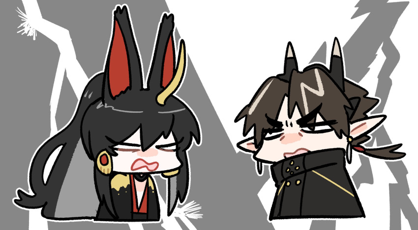 1boy, 1other, animal_ears, arknights, black_hair, blank_eyes, brown_hair, chibi