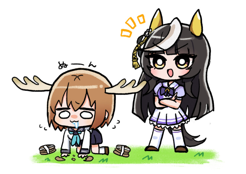 2girls, :3, animal_ears, biscuit_(bread), black_hair, brown_hair, calstone_light_o_(umamusume), chibi