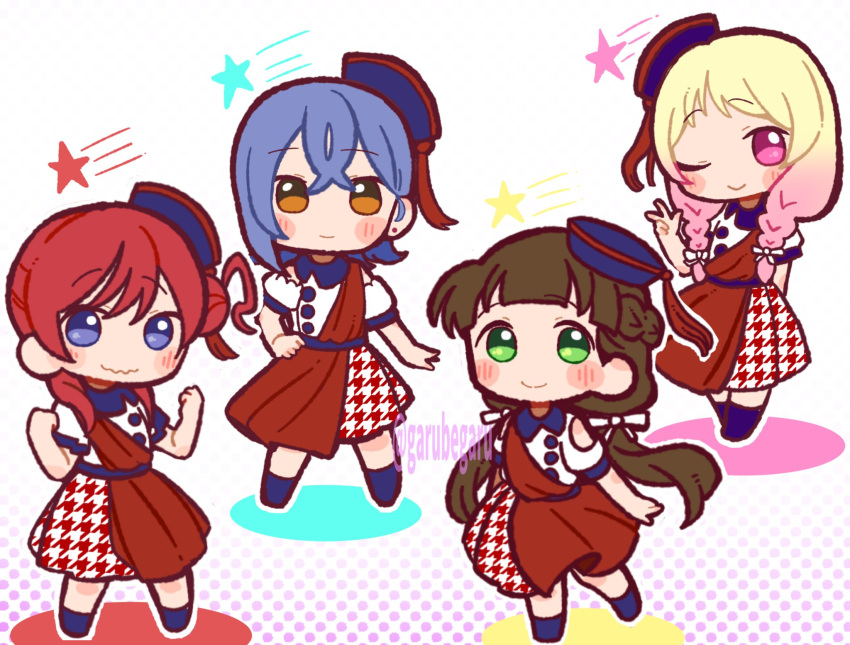 4girls, arms_behind_back, bad_id, bad_twitter_id, blonde_hair, blue_eyes, blue_footwear, blue_hair