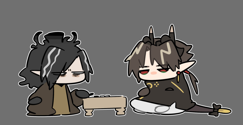 2boys, arknights, black_coat, black_hair, brown_coat, brown_hair, chibi, chong_yue_(arknights)