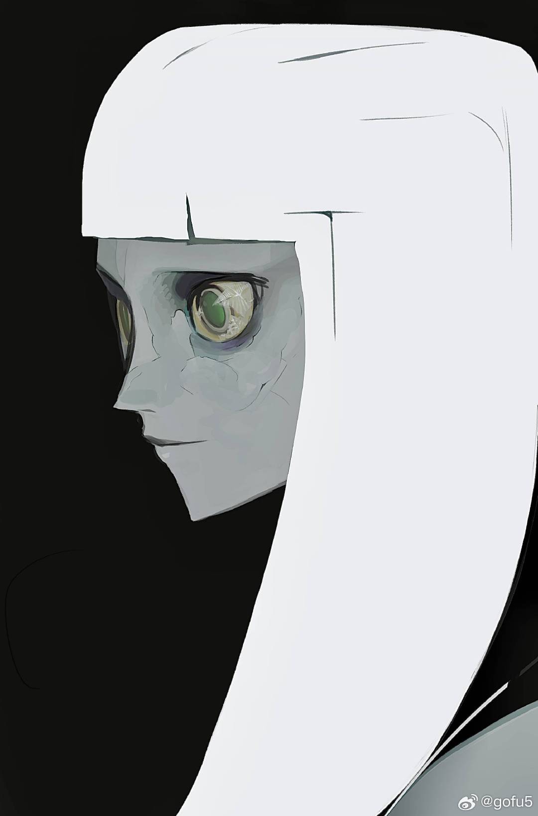 1girl, aqeecit, colored_skin, cracked_skin, cropped_head, expressionless, green_eyes, grey_skin