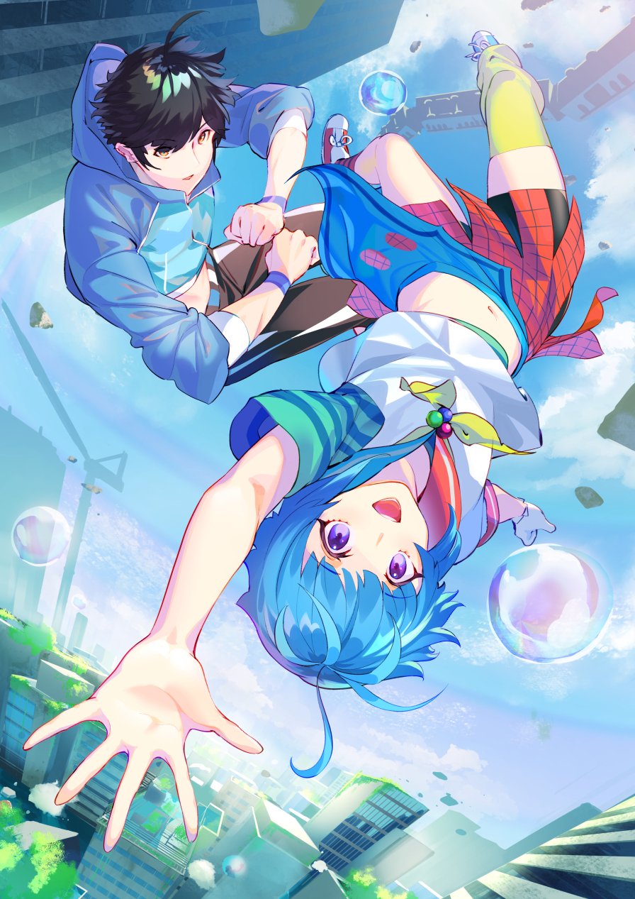 1boy, 1girl, black_hair, blue_hair, blue_hoodie, blue_sky, bubble, bubble_(anime), building, city, hibiki_(bubble), highres, hood, hoodie, looking_at_viewer, navel, open_mouth, school_uniform, serafuku, sky, soupchan, train, uta_(bubble), violet_eyes
