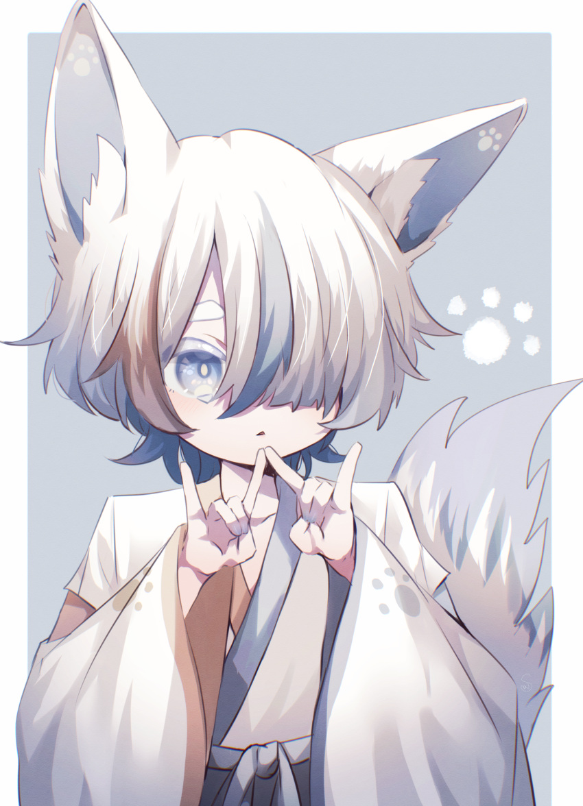 1other, absurdres, androgynous, animal_ears, blue_eyes, blue_hair, child, double_fox_shadow_puppet