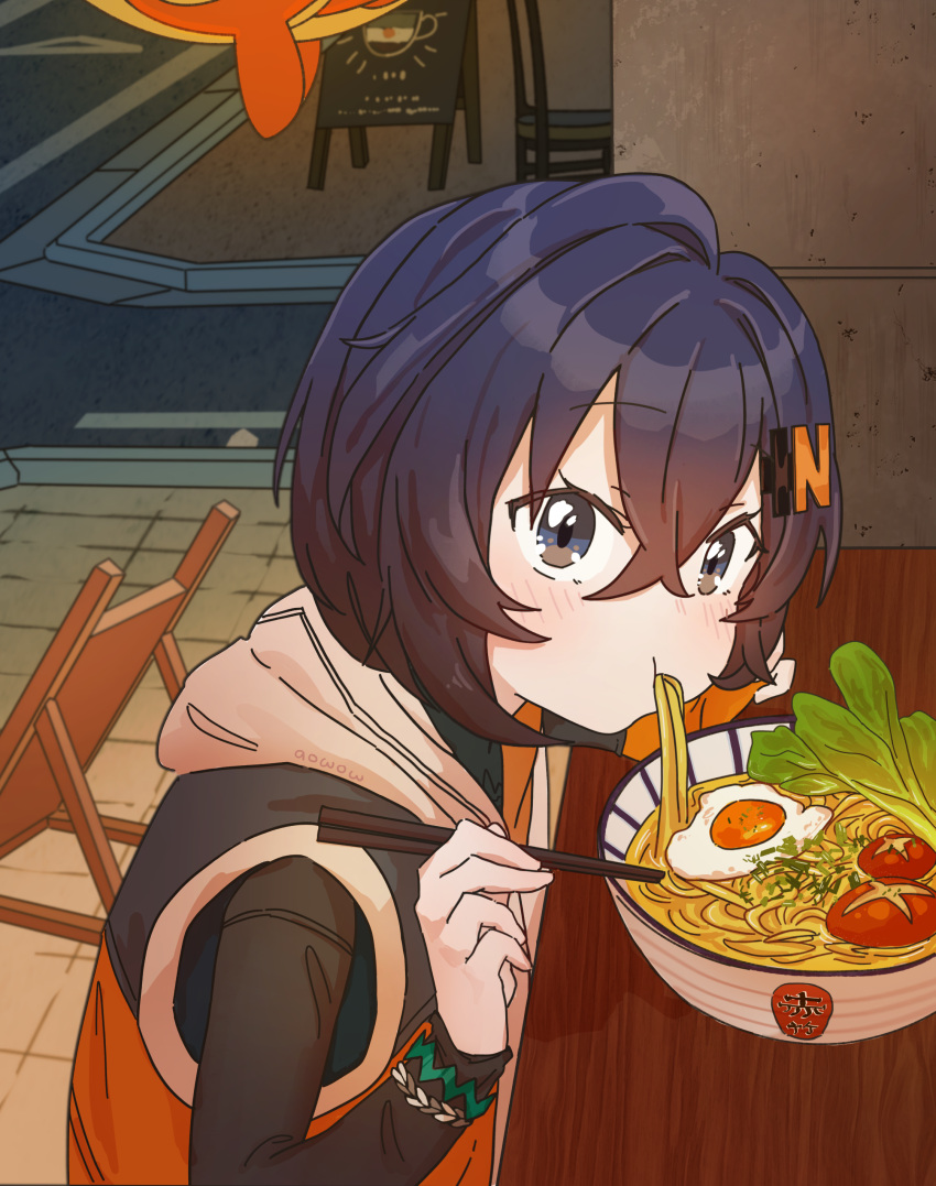 1girl, absurdres, aowow, artist_name, belle_(zenless_zone_zero), black_eyes, black_shirt, blue_eyes