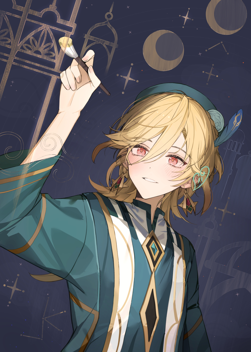 1boy, aged_down, akademiya_uniform, akasha_terminal, bazhua, blonde_hair, blue_feathers, dangle_earrings