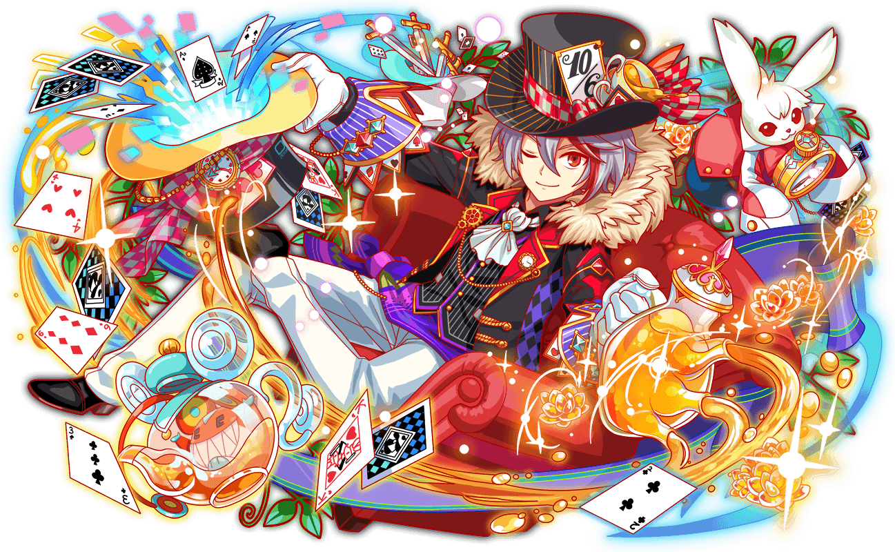 ace_(playing_card), ace_of_spades, alice_in_wonderland, animal_ears, arms_up, artist_request, ascot, belial_(crash_fever)