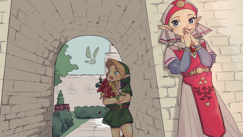 1boy, 1girl, arch, belt, blonde_hair, blue_eyes, blue_sleeves, blush