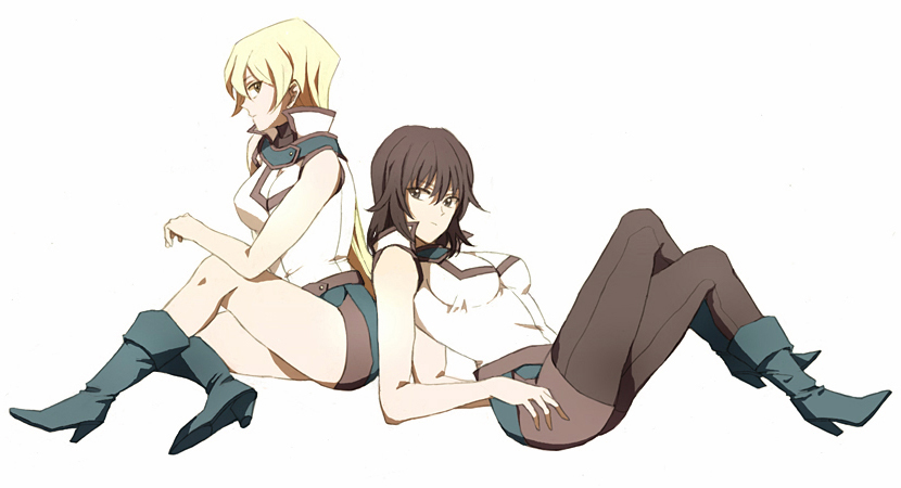 boots, brown_hair, crossed_legs, fingerless_gloves, gloves, multiple_girls, nb, pantyhose