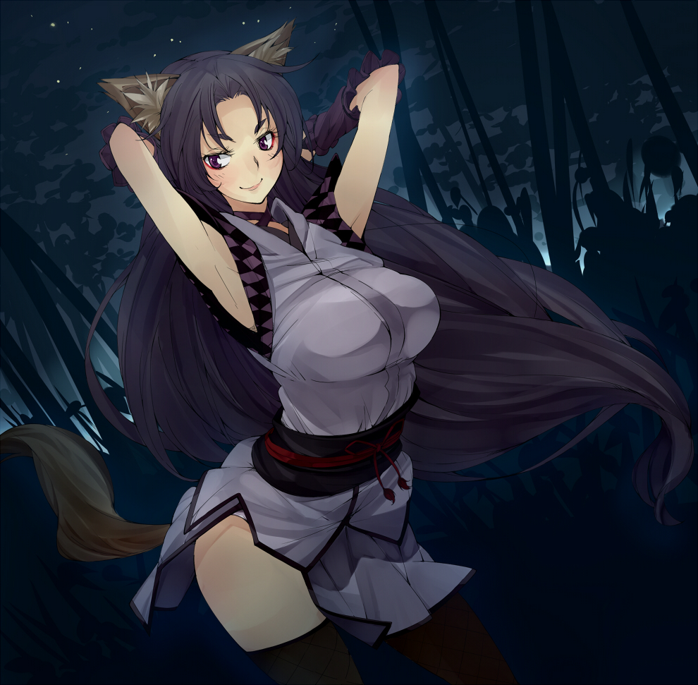 amayu, animal_ears, armpits, arms_behind_head, black_hair, breasts, eyeliner, fishnet_legwear