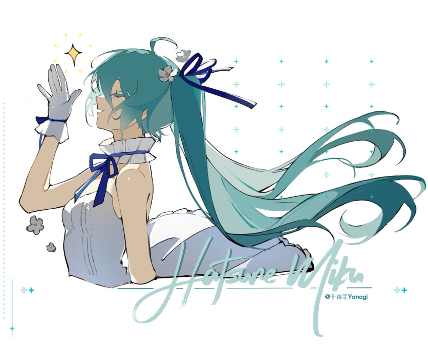 ahoge, aqua_hair, artist_name, bare_shoulders, blue_ribbon, character_name, choker, closed_eyes, dress, eyelashes, flower, frilled_choker, frills, gloves, hair_between_eyes, hair_flower, hair_ornament, hair_ribbon, hatsune_miku, highres, long_hair, off-shoulder_dress, off_shoulder, open_mouth, ribbon, sidelocks, star_(symbol), twintails, upper_body, vocaloid, white_background, white_dress, white_flower, white_gloves, yanxiaoyanyan490