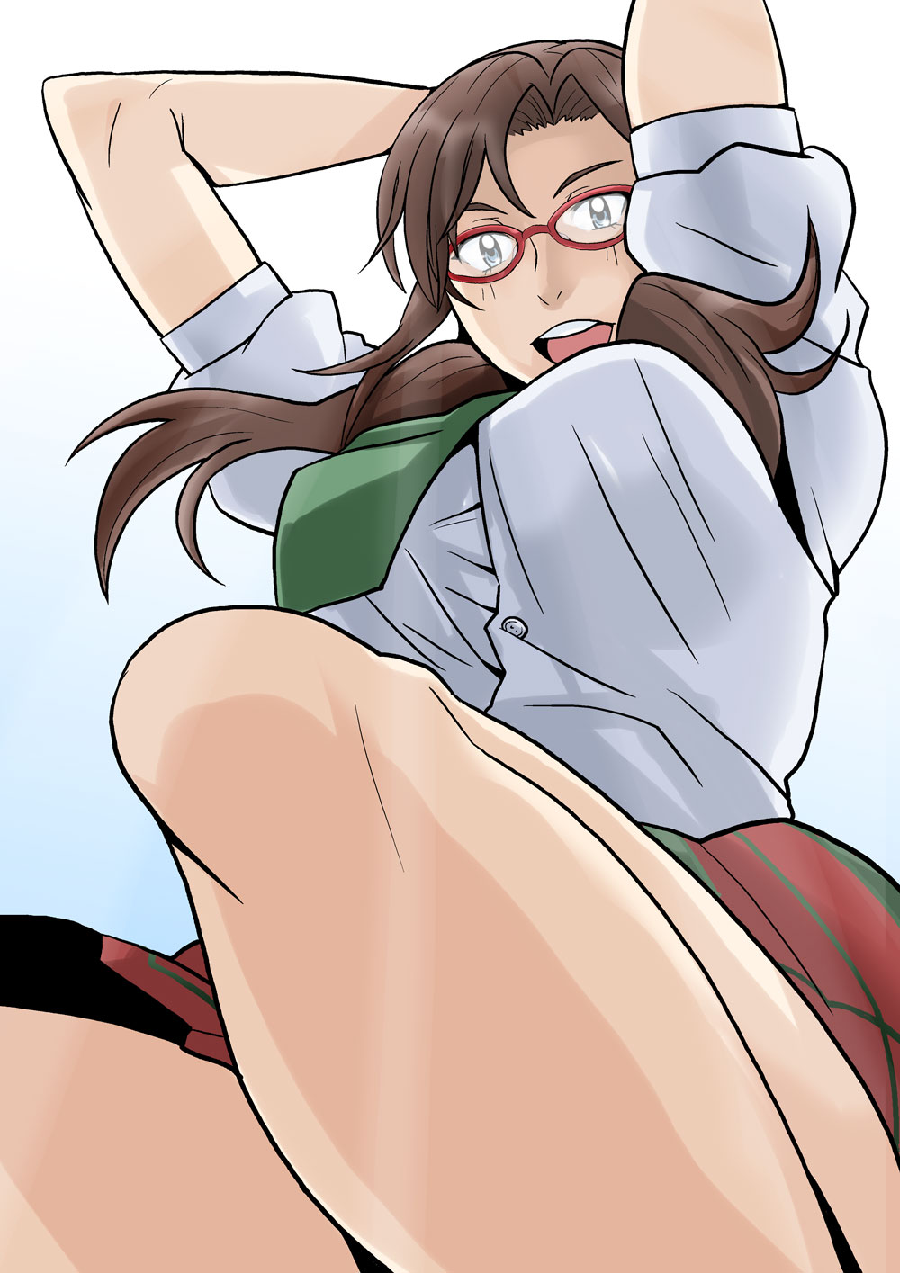 brown_hair, evangelion:_2.0_you_can_(not)_advance, glasses, makinami_mari_illustrious, necktie, neon_genesis_evangelion, perspective, rebuild_of_evangelion, school_uniform, tartan, toryuu