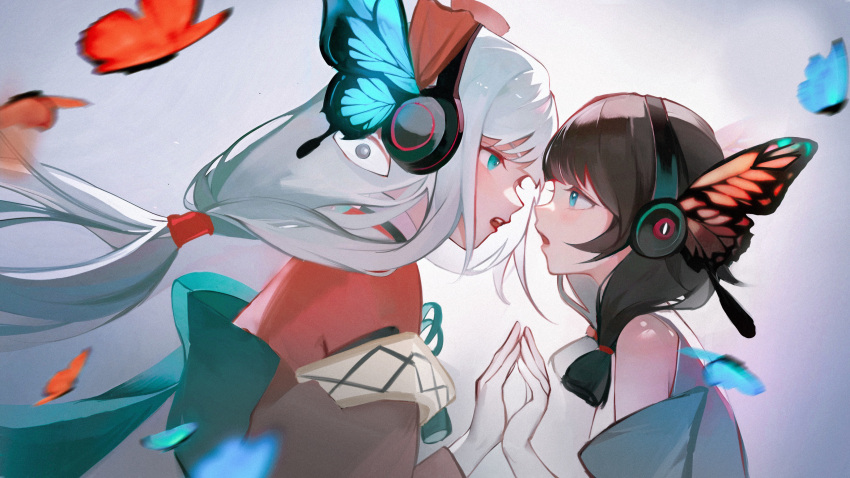 2girls, absurdres, aqua_eyes, bare_shoulders, black_hair, blue_butterfly, blurry, blush