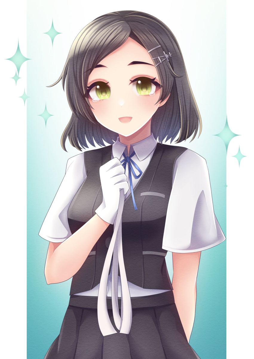 black_hair, black_skirt, black_vest, blue_background, blue_ribbon, collared_shirt, commentary_request, commission