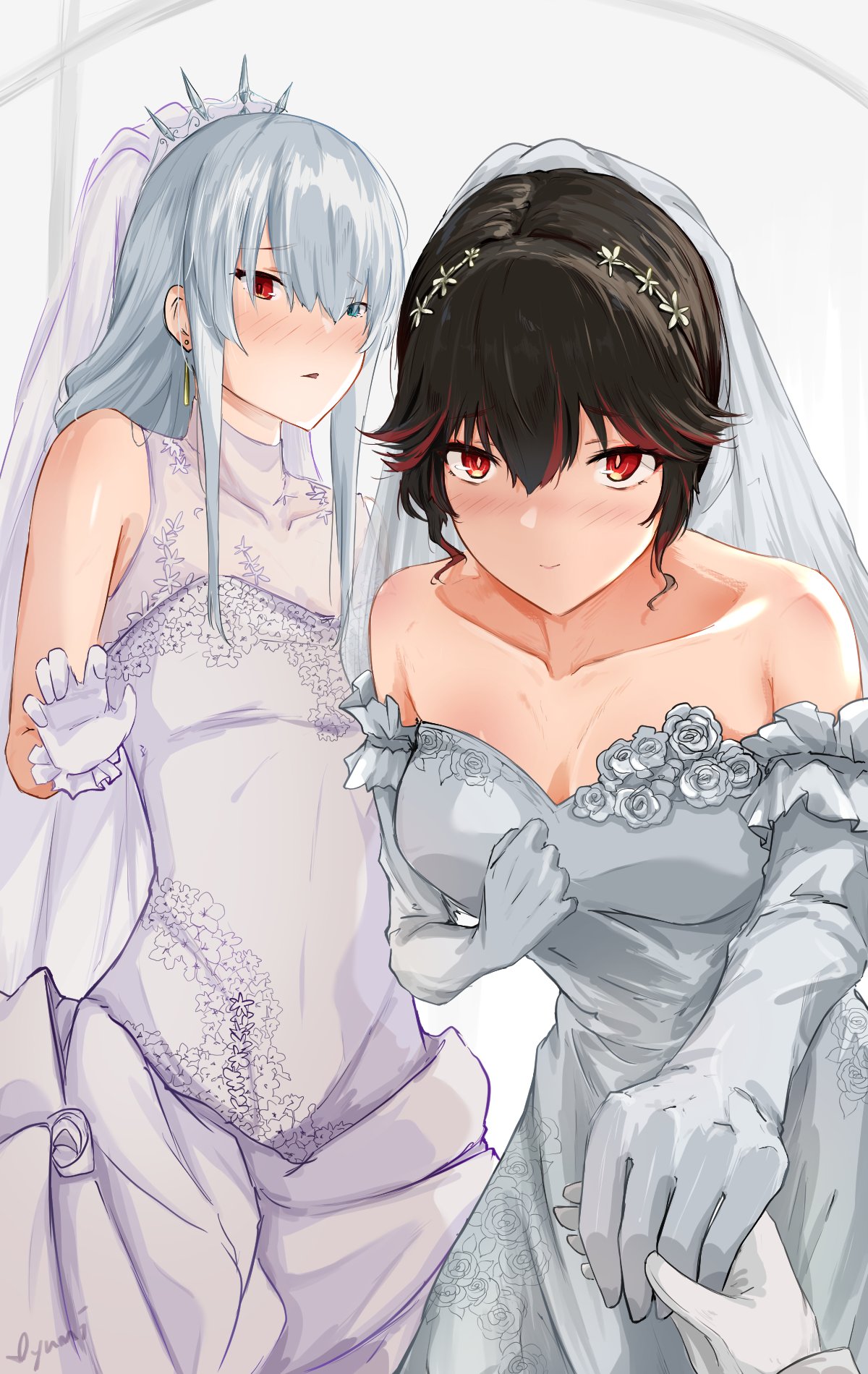 2girls, aikawa_yumi, alpha_(punishing:_gray_raven), bare_shoulders, black_hair, blue_eyes, blush, bridal_veil