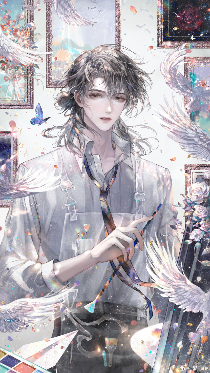 1boy, absurdres, apron, artist_painter, belt, bird, black_belt, black_hair