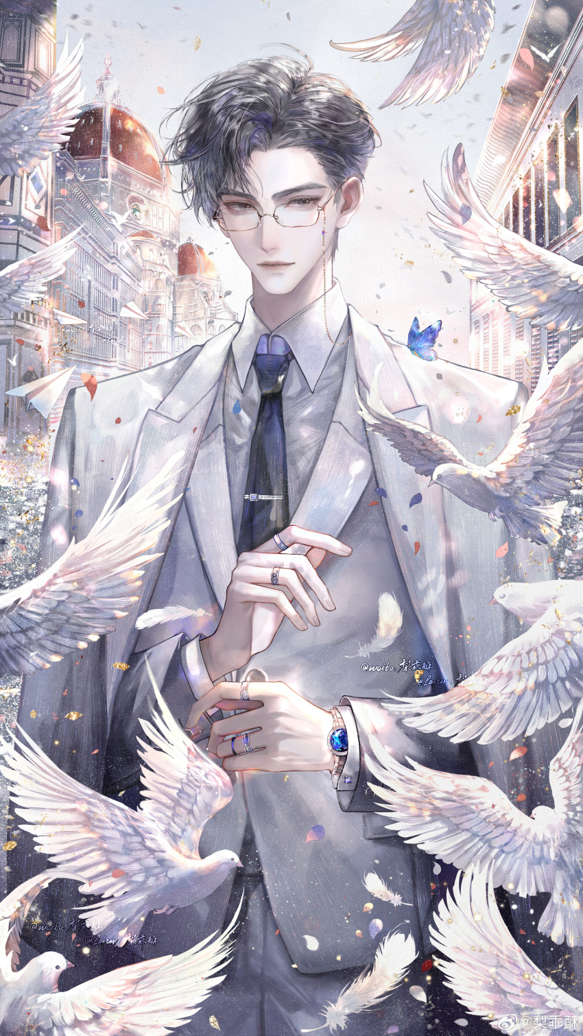 1boy, absurdres, adjusting_clothes, bird, black_hair, black_necktie, blue_butterfly, bug