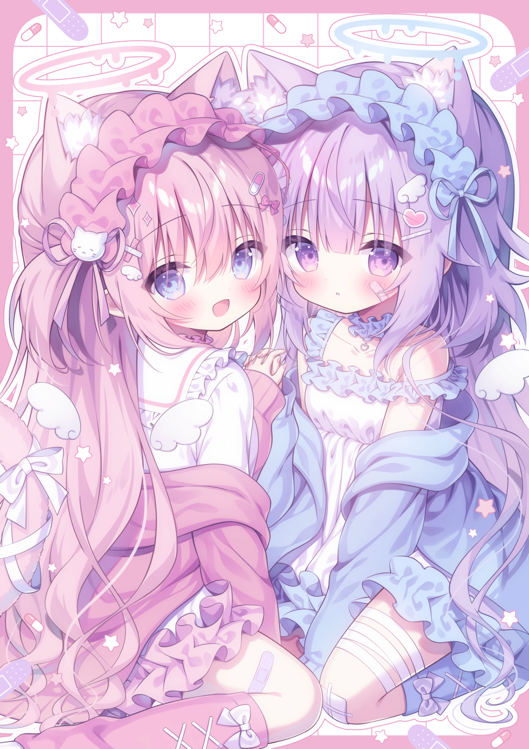 2girls, animal_ear_fluff, animal_ears, aqua_eyes, aqua_halo, aqua_jacket, aqua_leg_warmers, aqua_ribbon