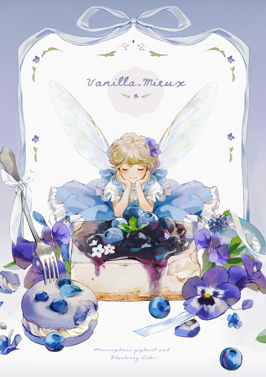 1girl, blonde_hair, blue_dress, blueberry, border, cheesecake, closed_eyes, closed_mouth