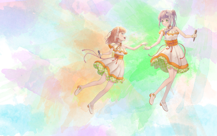 2girls, absurdres, aqua_eyes, blue_background, blush, cerise_bouquet, choker, closed_mouth, commentary, dress, floating, full_body, gloves, green_background, green_eyes, hair_bun, hairband, highres, hinoshita_kaho, holding, holding_microphone, lace_hairband, link!_like!_love_live!, long_hair, looking_at_another, love_live!, mary_janes, medium_hair, microphone, multicolored_background, multiple_girls, obi, open_mouth, orange_background, orange_hair, orange_ribbon, orange_sash, otomune_kozue, profile, purple_background, purple_hair, ribbon, ribbon_choker, sash, shoes, short_dress, side_ponytail, sidelocks, single-shoulder_dress, single_side_bun, smile, suisai_sekai, sunkeun, taking_another's_hand, two_side_up, watercolor_background, white_background, white_dress, white_footwear, white_gloves