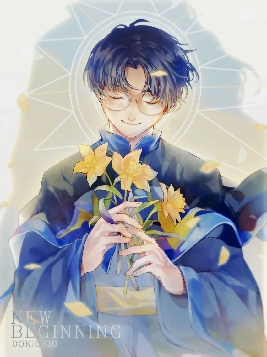 1boy, artist_name, black_cape, blue_hair, blue_robe, cape, cardcaptor_sakura, closed_eyes