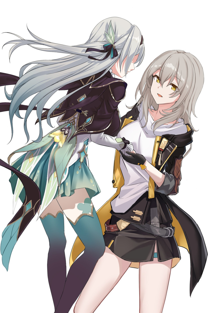 2girls, :d, black_coat, black_dress, black_gloves, black_hairband, breasts, coat