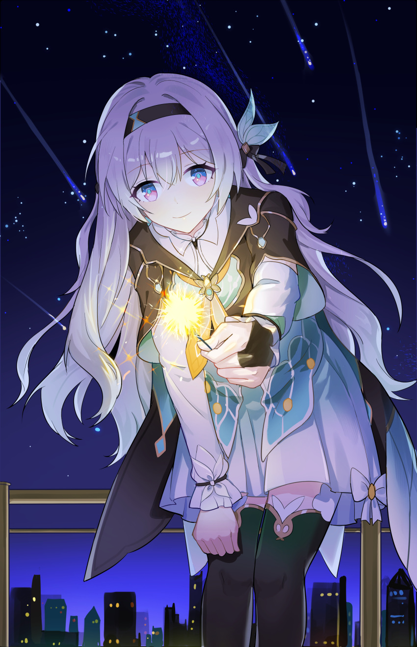 1girl, absurdres, black_gloves, black_hairband, breasts, cityscape, collared_shirt, cropped_jacket