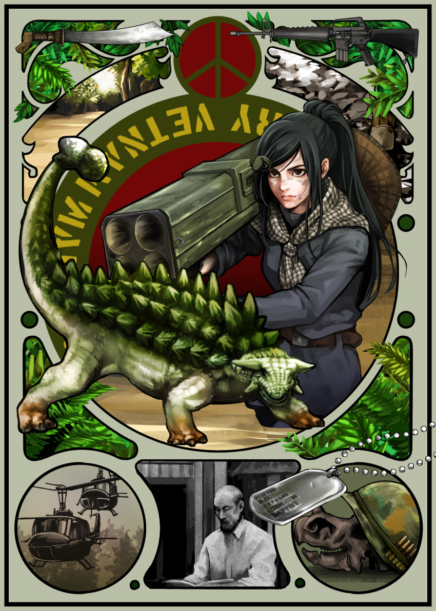 1girl, aircraft, ankylosaurus, assault_rifle, battle, belt, black_hair, black_shirt
