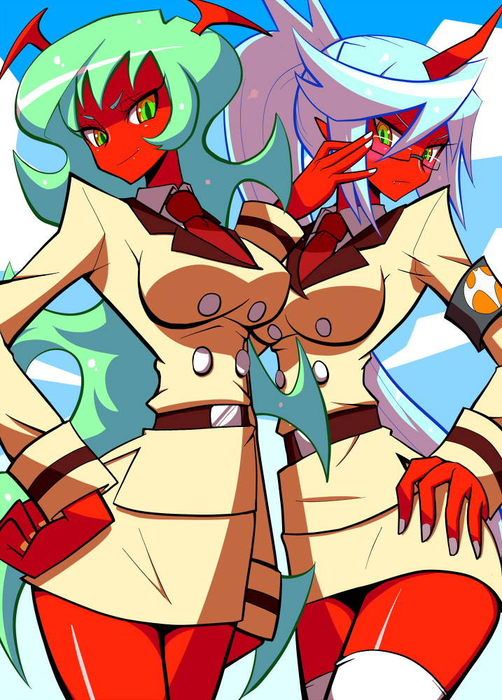 blue_hair, demon_girl, fang, glasses, green_eyes, green_hair, hand_on_hip, hand_on_hips