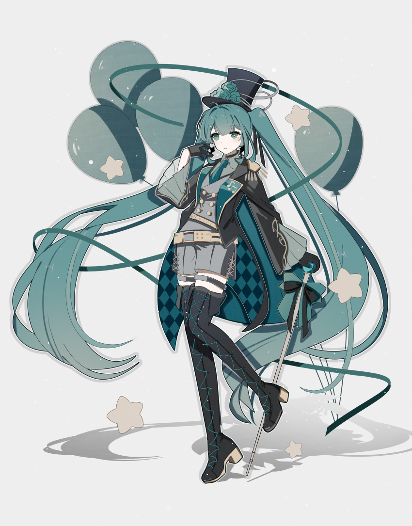 1girl, absurdres, aqua_bow, aqua_eyes, aqua_flower, aqua_hair, aqua_necktie, balloon