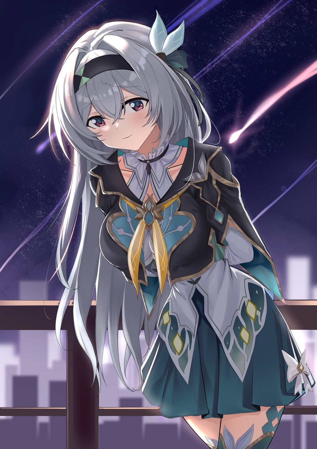 1girl, arm_behind_back, black_hairband, breasts, cityscape, collared_shirt, cowboy_shot, cropped_jacket