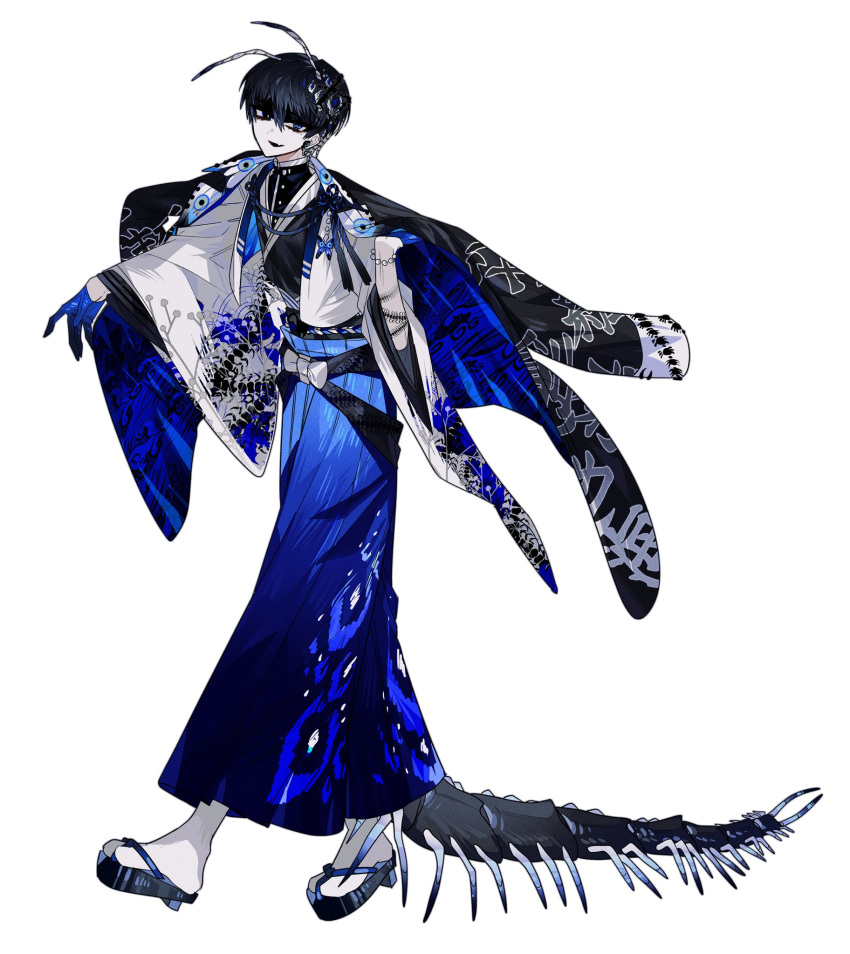 1boy, antennae, arthropod_boy, arthropod_tail, black_coat, black_eyes, black_hair, black_kimono