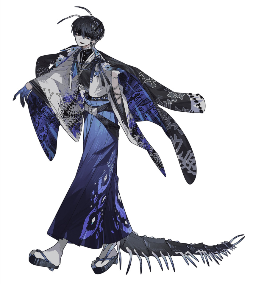 1boy, antennae, arthropod_boy, arthropod_tail, black_coat, black_eyes, black_hair, black_kimono