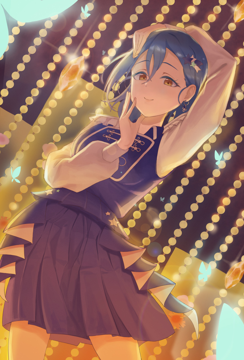 1girl, absurdres, arm_over_head, blue_butterfly, blue_hair, blue_shirt, blue_skirt, breasts